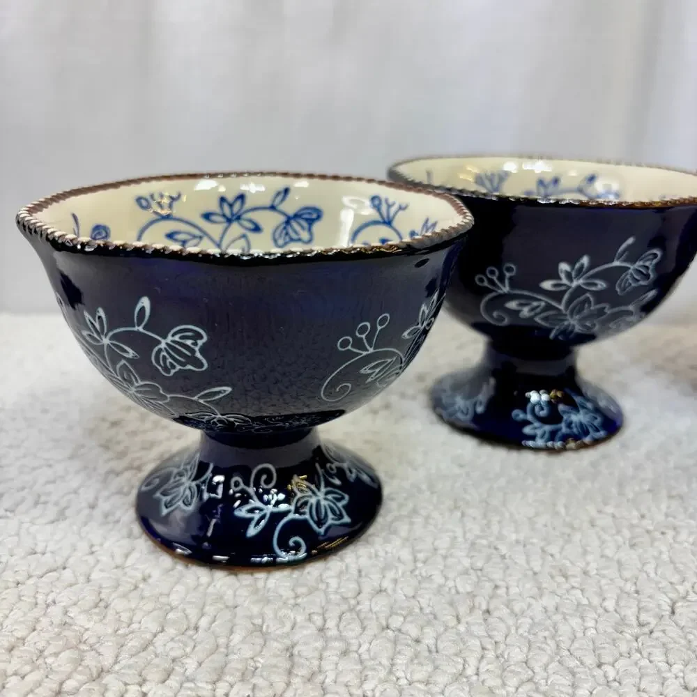 Temp-tations by Tara Floral Lace Blue Footed Parfait Dish Stoneware Set of 4